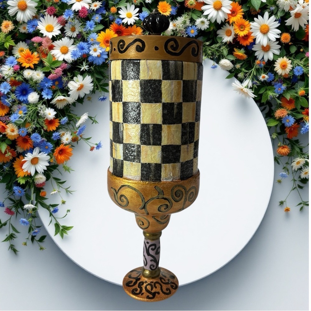 Elegant Checkered Mackenzie Child inspired Jar with Lid, Gold Accents☑️